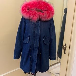 Denim utility jacket lined in bright pink fur!